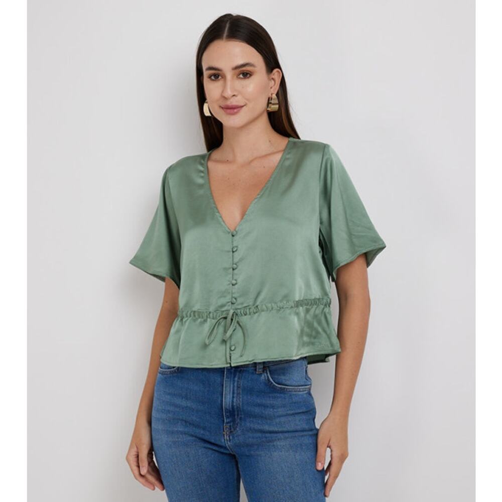 Levi's Lindy V-Neck Drawstring Waist Crop Top Green Peplum Top Size Small